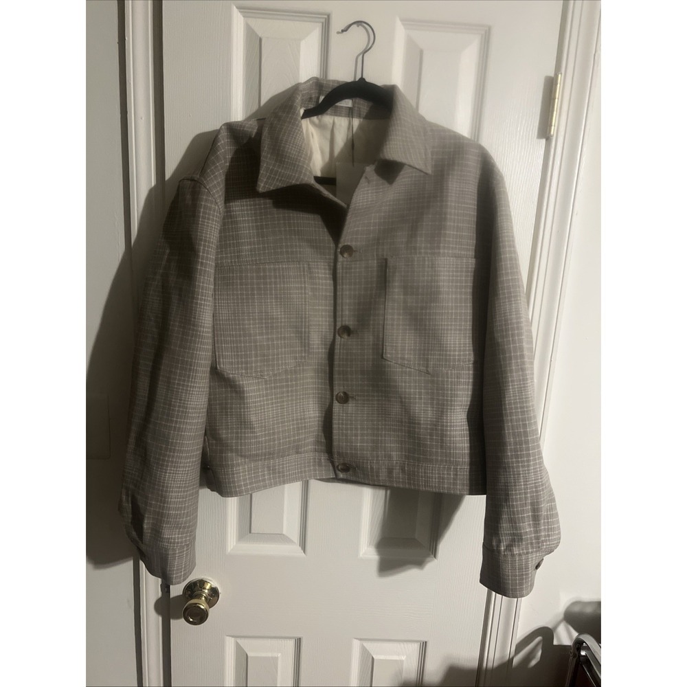 Zara Womens Cropped Plaid Blazer Jacket Size Large Tan Ecru NWT